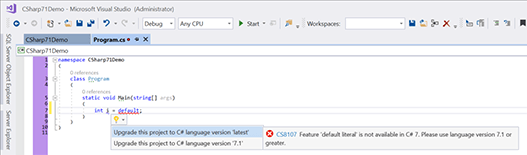 Visual Studio 2017 C# version selector