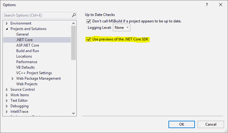 Visual Studio 2019 .NET Core settings