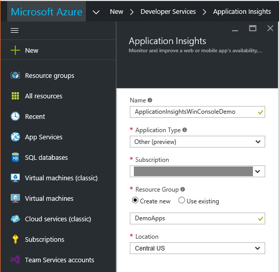 Create new Application Insights instance
