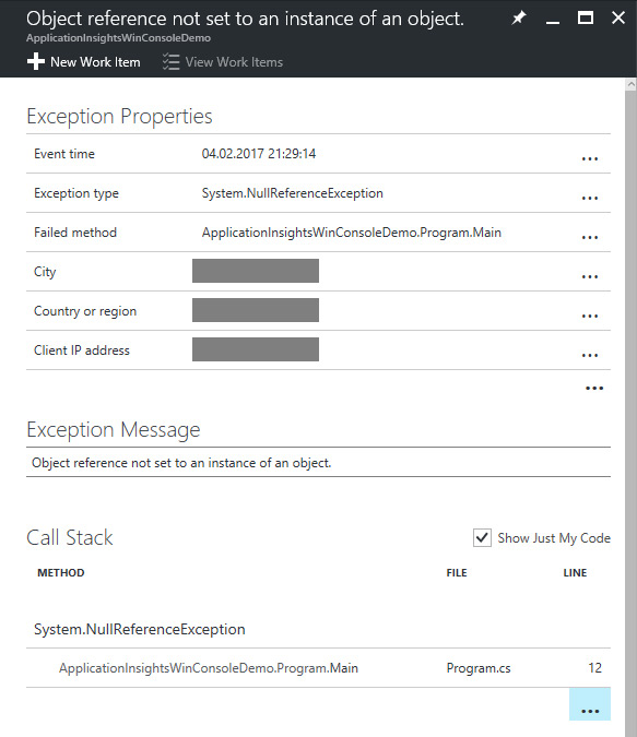Application Insights exception details